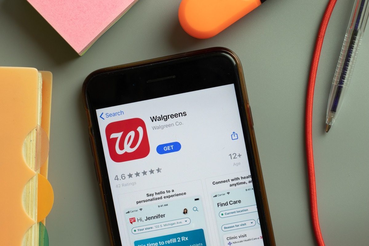 New York, USA - 29 September 2020: Walgreens mobile app logo on phone screen close up, Illustrative Editorial.