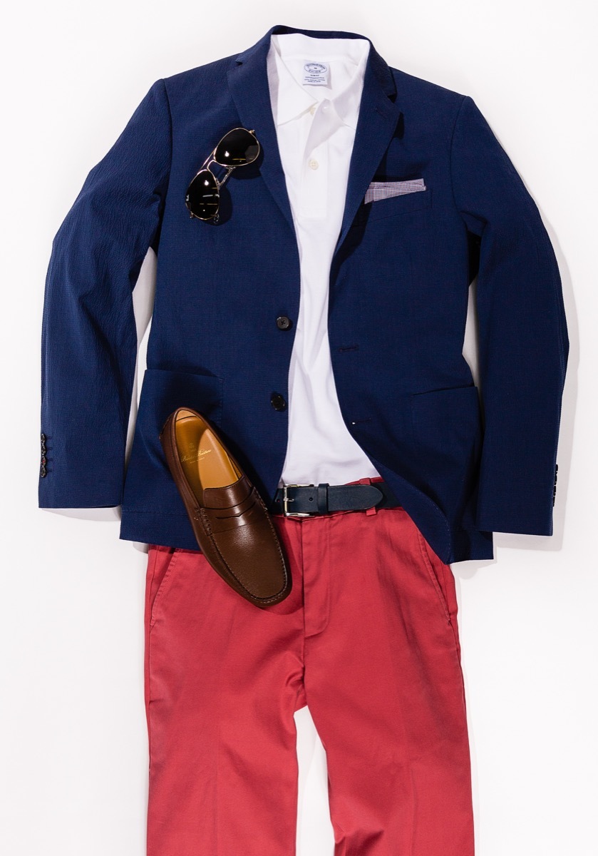 brooks brothers blue blazer red chinos and white shirt