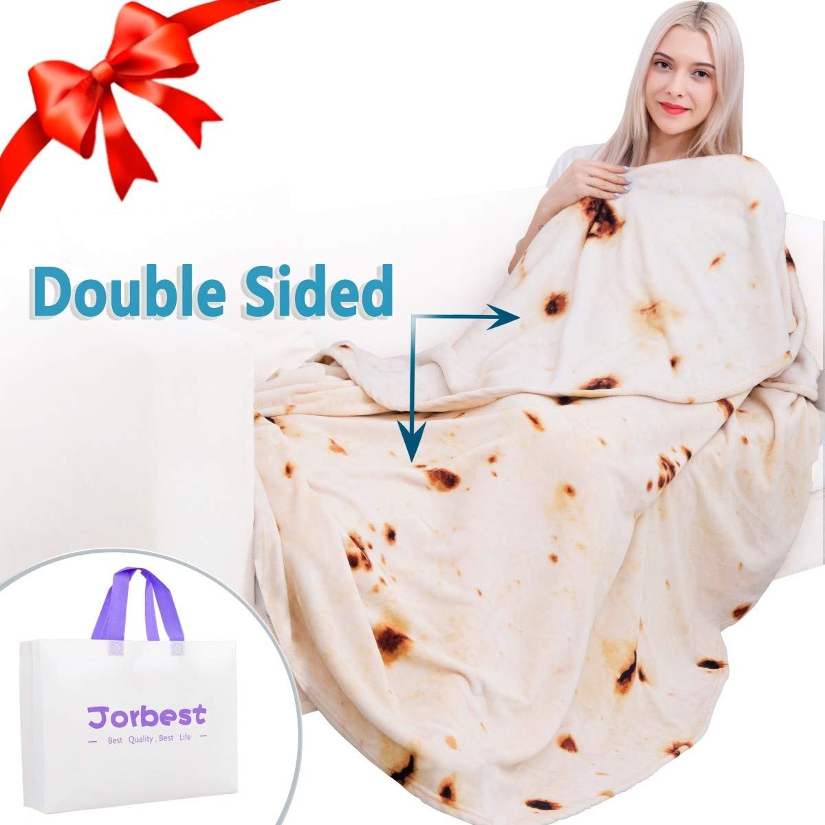 young blonde woman in burrito blanket