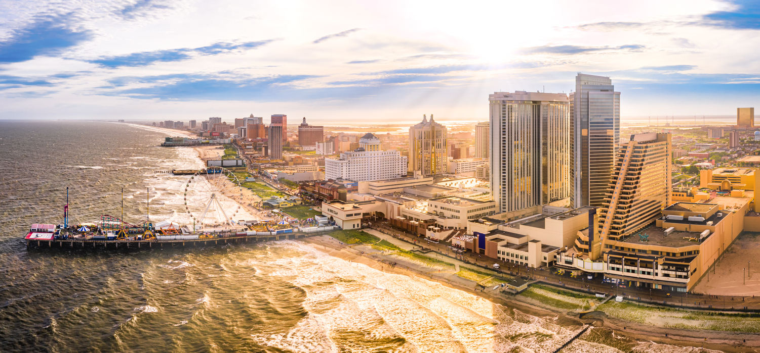 An aerial shot of the boardwalk of Atlantic City, New Jersey