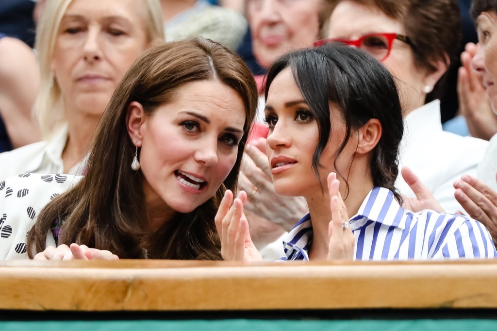 London, UK, 14th July 2018: Catherine Kate Duchess of Cambridge and Meghan, Duchess of Sussex, visiting the men's semifinal at day 12 at the Wimbledon Tennis Championships 2018 at the All England Lawn Tennis and Croquet Club in London.